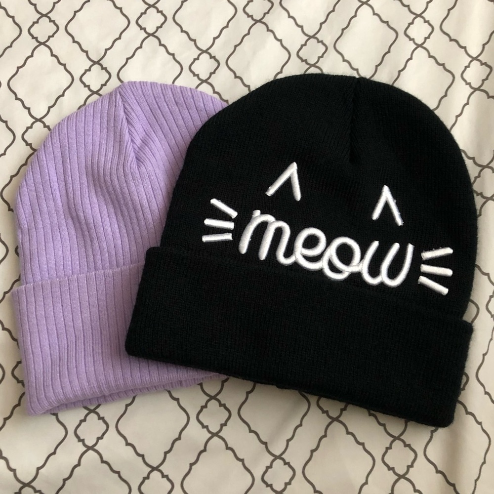 Pastel Purple and Black Meow Beanie Set